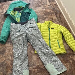Patagonia Teal and Lime Jacket with Patterned Pants